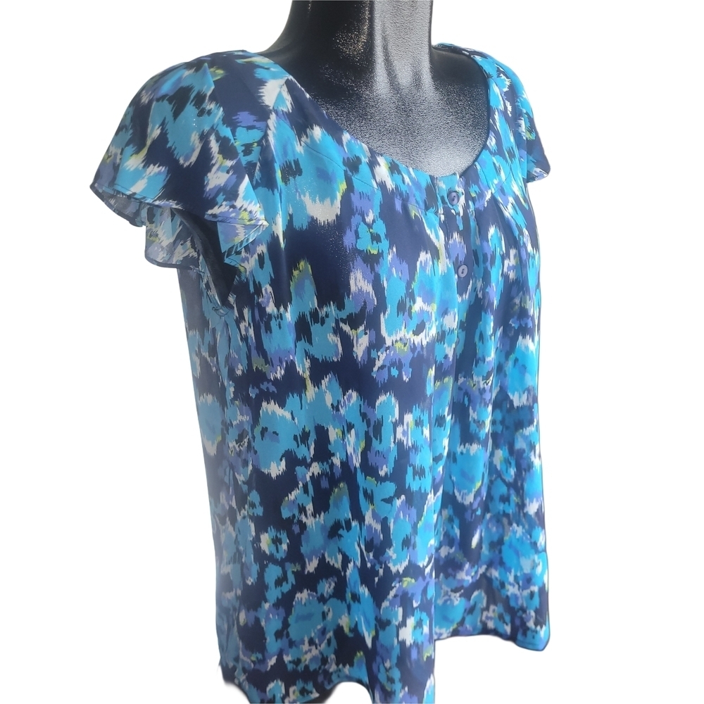 Jessica Blue Patterned Short Ruffled Sleeve Top Size LP - Picture 3 of 7